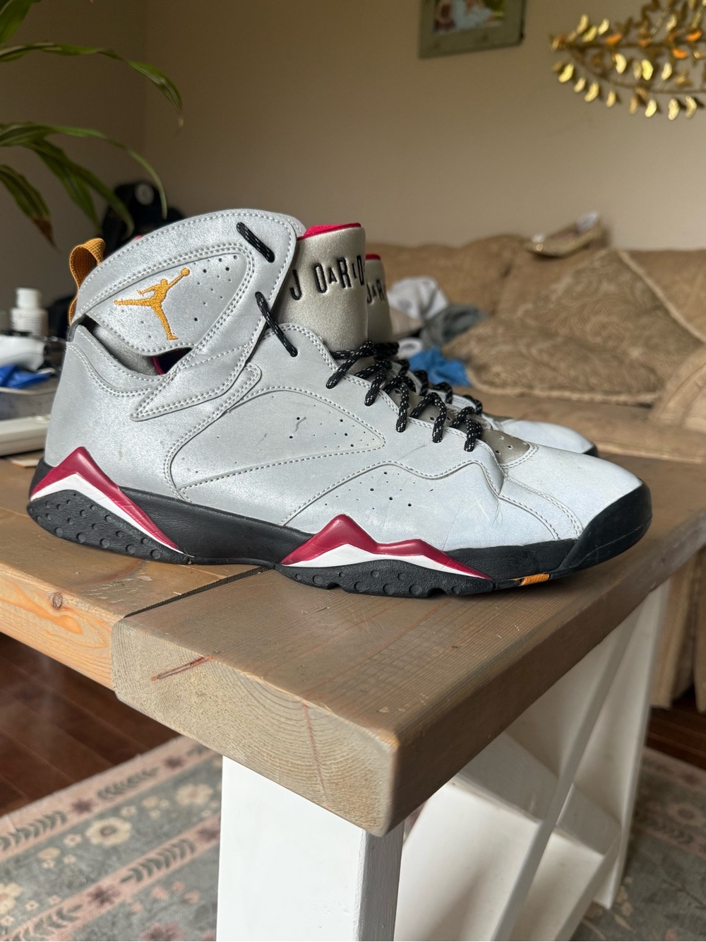 Jordan Men’s Retro Sneakers - Light Gray, Red & Gold Accents